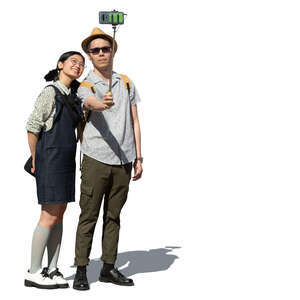 cut out young asian couple standing and taking a selfie