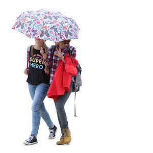 two cut out teenage girls with an umbrella walking and talking