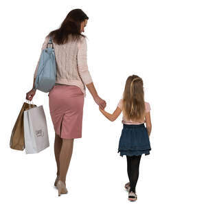 cut out mother and daughter walking hand in hand and carrying shopping bags