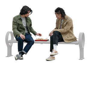 two cut out asian men sitting and playing chess in the park