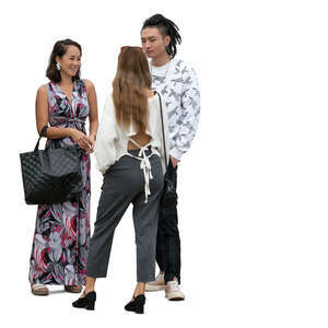 three cut out young east asian people standing and talking