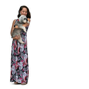cut out woman standing and holding her dog in her lap
