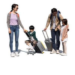 cut out family with two kids and travelling bags standing and talking