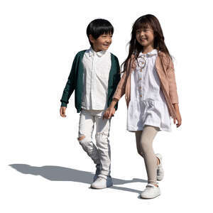 two cut out asian kids walking happily hand in hand