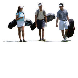 three cut out golf players walking on a golf course