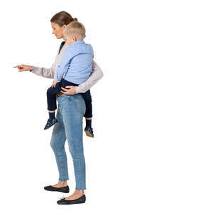 cut out woman with a small son standing by the touchscreen