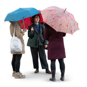 three cut out women with umrellas standing and talking