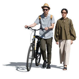 cut out man with a bicycle walking side by side with a woman