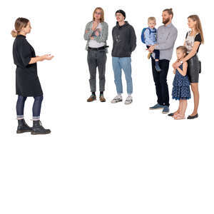 cut out woman standing and talking to a group of people