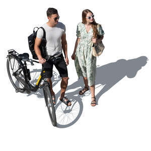 cut out woman and a man with a bike standing seen from above