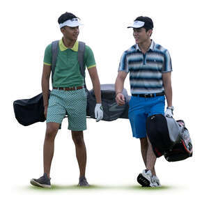 two cut out young men carrying golf gear walking and talking