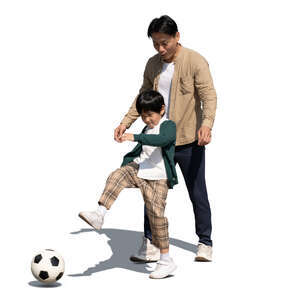 cut out asian man playing football with his son