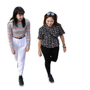 two cut out young women walking and smiling