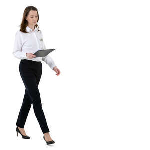 cut out woman working in the office walking and reading some papers