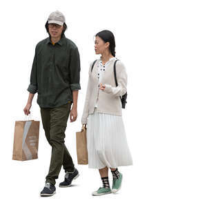 cut out asian man and woman with shopping bags walking and talking