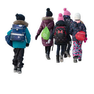 cut out group of school children in winter walking