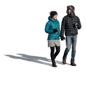 cut out man and woman walking on an autumn day and having coffee to go