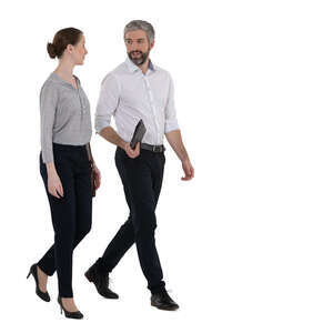 cut out man and woman walking and talking