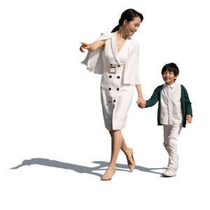 cut out chinese mother and son walking on a sunny summer day