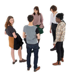 cut out group of five trendy young people standing and talking