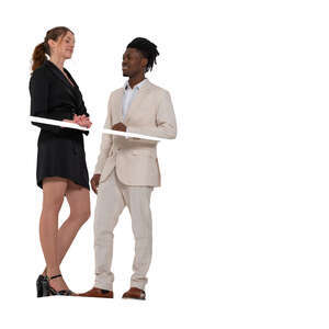 cut out man and woman standing on a balcony and talking