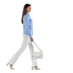 cut out young woman wearing white pants walking