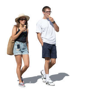 cut out woman and man walking and eating ice cream