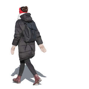 cut out woman in a black winter jacket walking