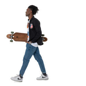 cut out young black man with a skateboard walking