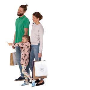 cut out family with shopping bags standing and pointing at smth