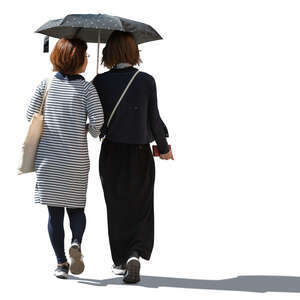 two asian women walking under a parasol