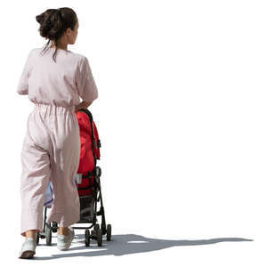 asian woman with a baby stroller walking