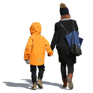 mother and child in winter clothes walking hand in hand