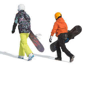 two people with snowboards walking