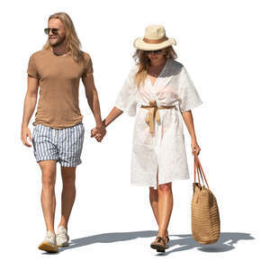 cut out man and woman in light summer clothes walking in a resort