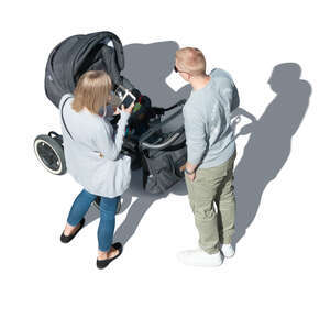 cut out family with a baby carriage standing seen from above