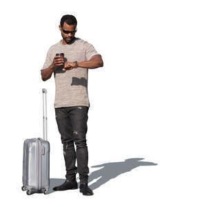 cut out man with a suitcase standing and looking at his watch