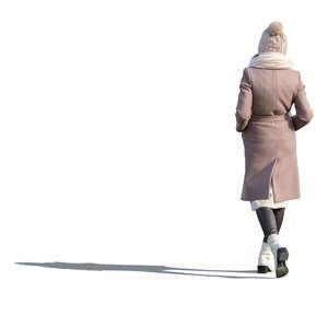 cut out woman in a pink winter coat and hat walking