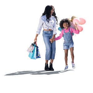 cut out mother and daughter with many balloons walking hand in hand