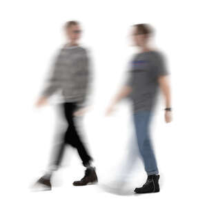 two cut out motion blur men walking and talking