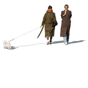 two cut out women in brown overcoats and a dog walking