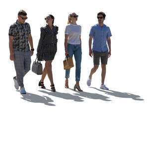 cut out backlit group of four young people walking