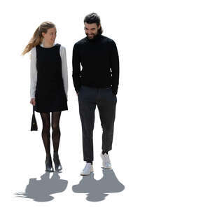 cut out backlit man and woman walking and talking