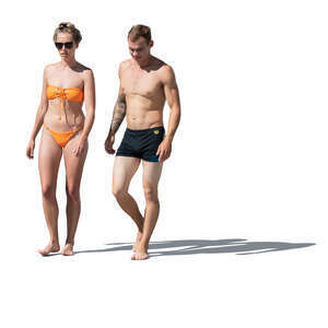 cut out man and woman at the beach walking and talking