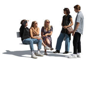 cut out group of five young people sitting and standing and talking