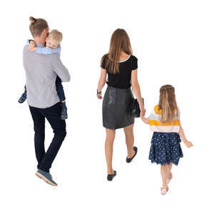 cut out family with two kids walking seen from above