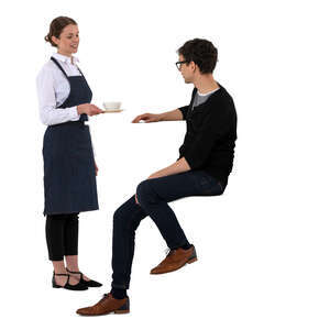 cut out waitress serving coffee to a man sitting at a bar counter