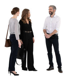 three cut out people standing and talking