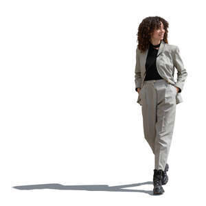 cut out woman in a casual grey suit walking