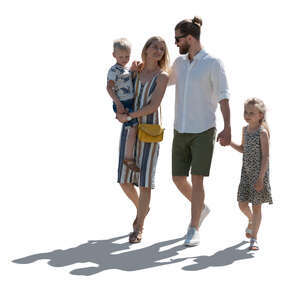 cut out backlit family with two kids walking in summer